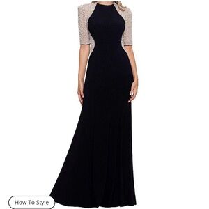 Xscape Caviar Beaded Mesh Short Sleeve Crew Neck Jersey Sheath Gown